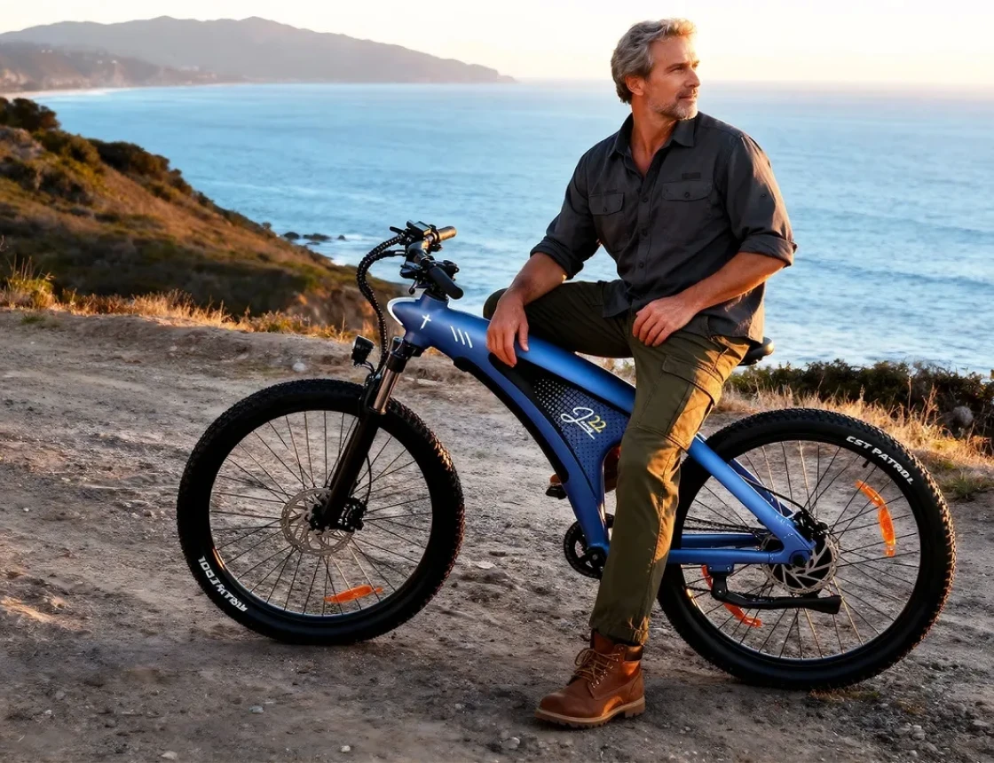 Man sitting on electric bike by ocean