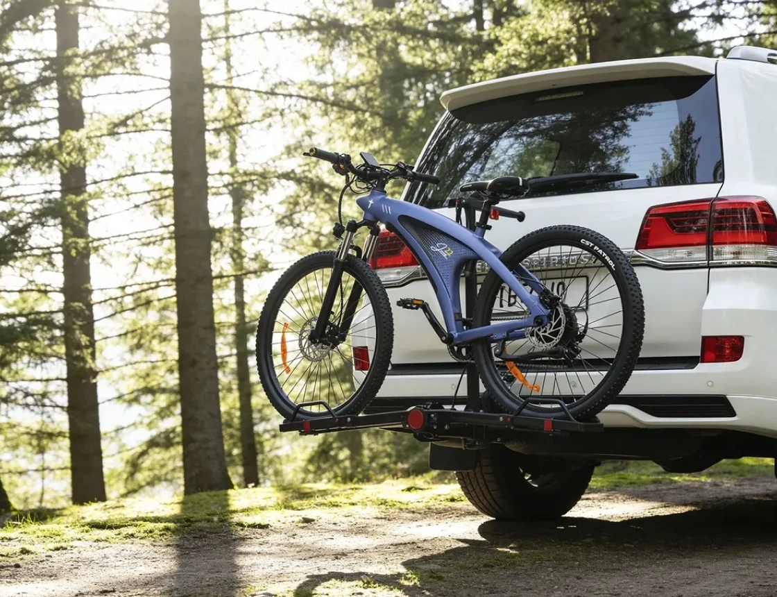 Bicycle mounted on car in forest