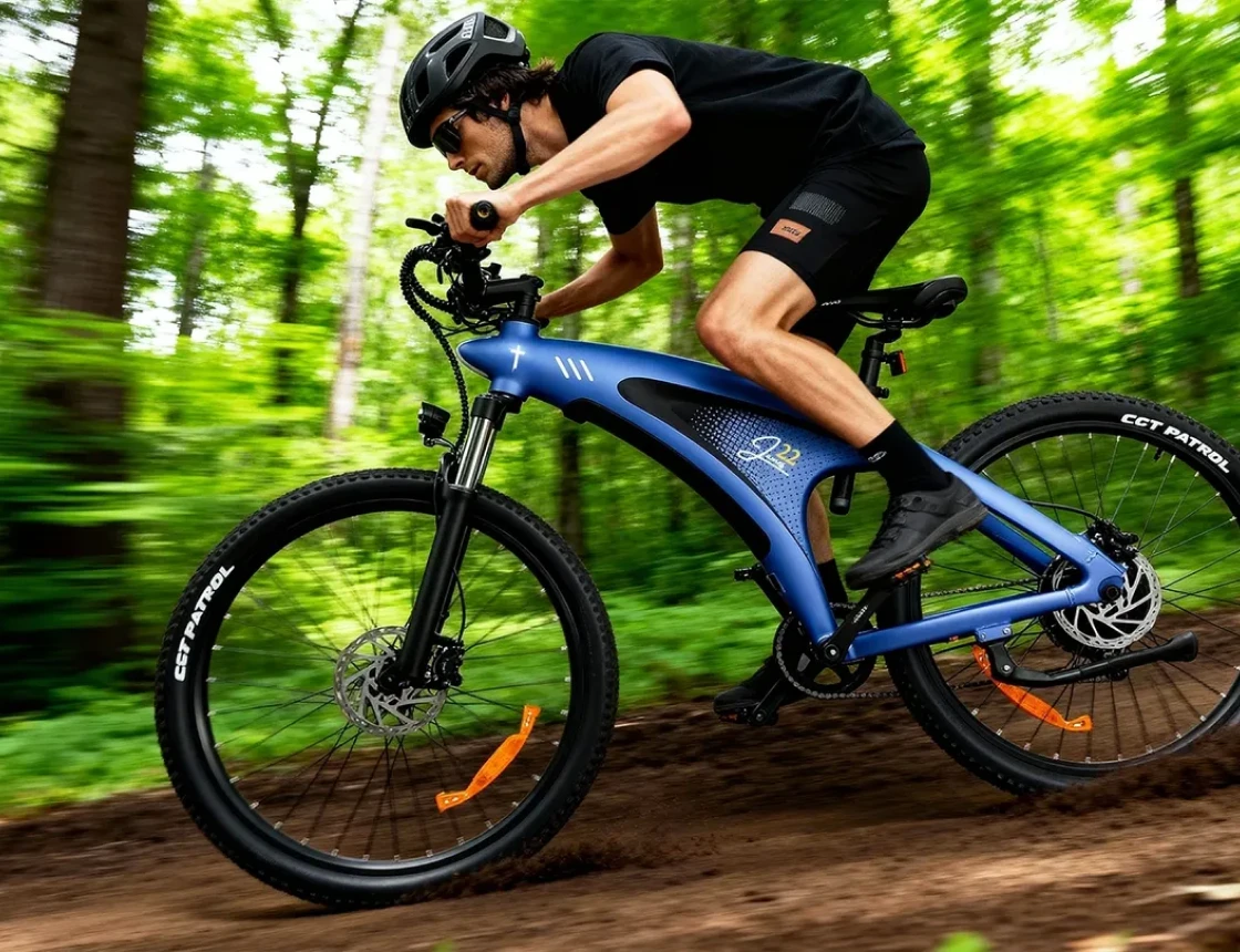 Mountain biker speeding through forest trail