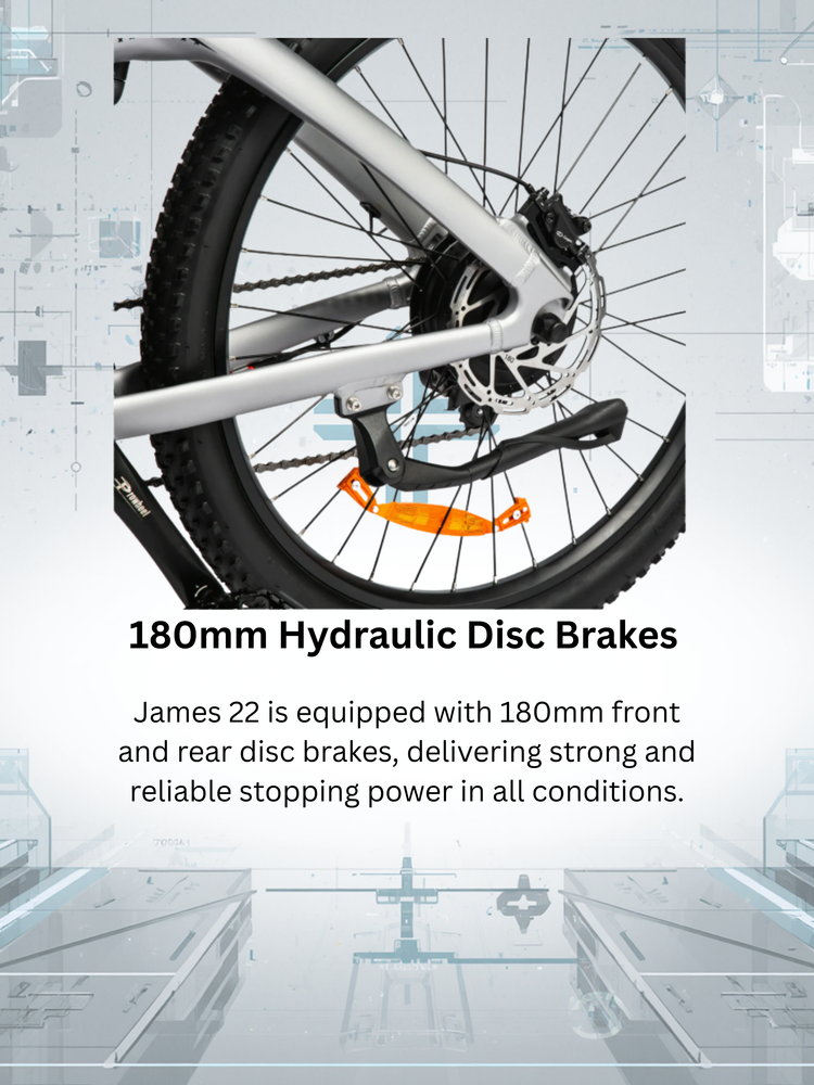 Close-up of a bicycle's 180mm hydraulic disc brake system.