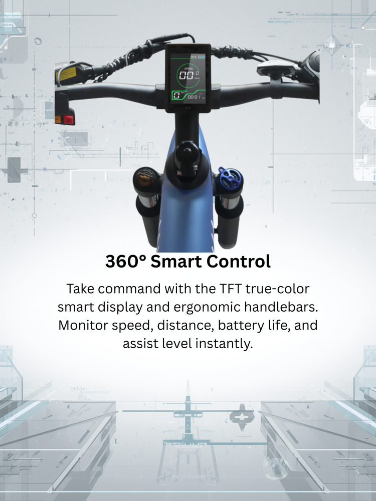 360° smart control handlebars with TFT display and ergonomic design.