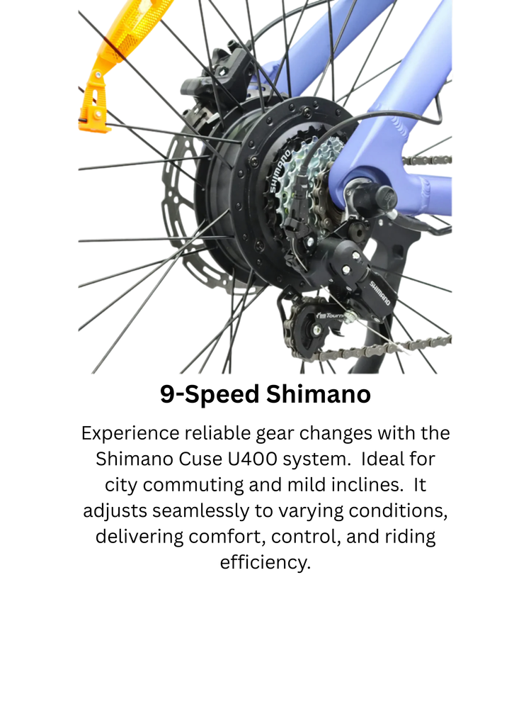Close-up of a 9-speed Shimano bicycle gear system on a blue bike frame.